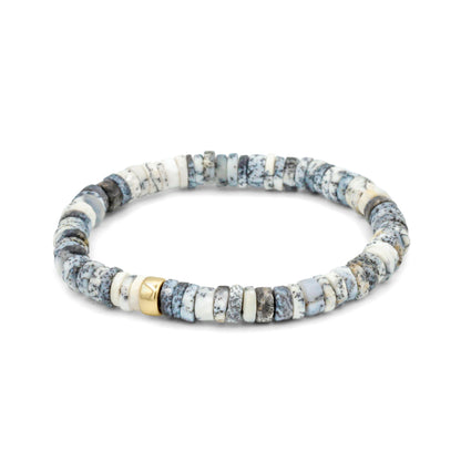 Earthly Abundance Dendrite Opal Heishi bracelet featuring smooth, natural stone beads in earthy tones on a stretchy band.
