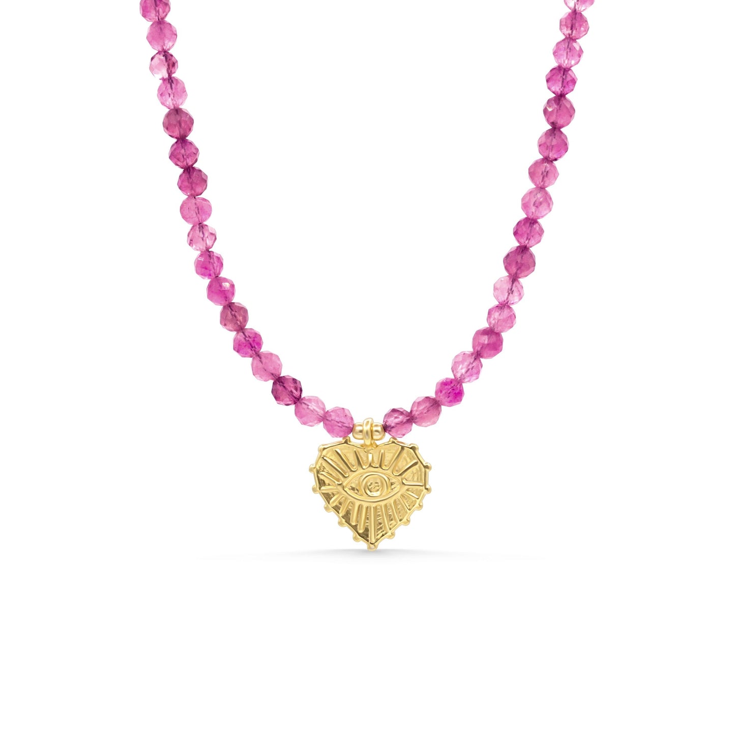 Pink Tourmaline Evil Eye Heart pendant from Earthly Abundance, featuring a heart-shaped pink gemstone with evil eye design.