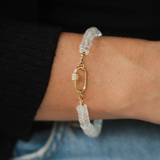 White topaz carabiner bracelet by Earthly Abundance featuring sparkling gemstones and a sleek metal clasp.
