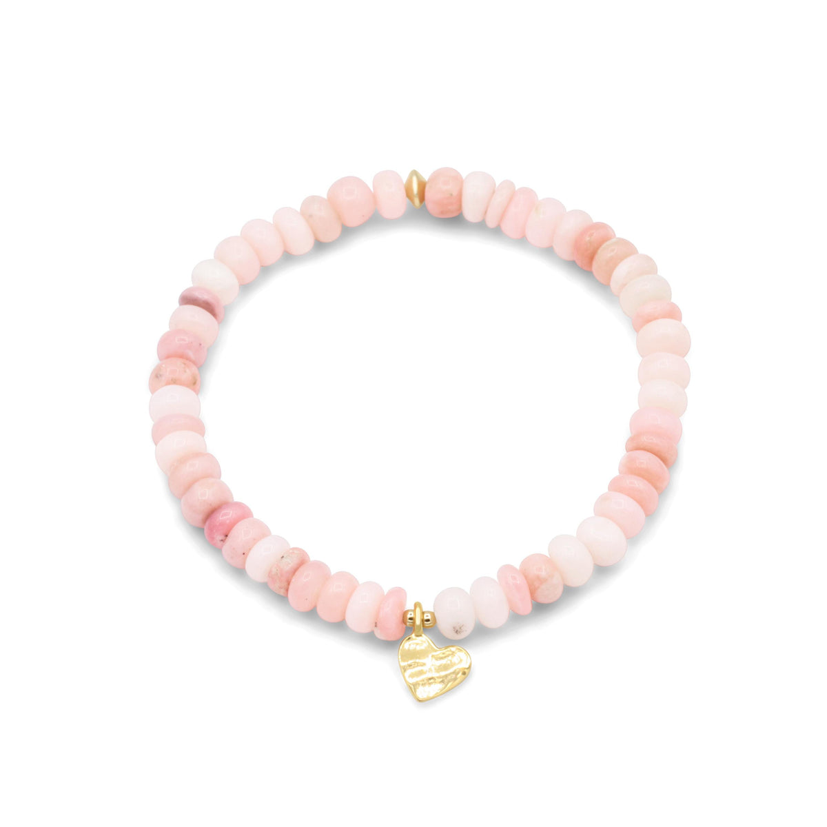 Pink Opal heart bracelet by Earthly Abundance featuring a delicate heart-shaped pink opal pendant on a beaded bracelet.
