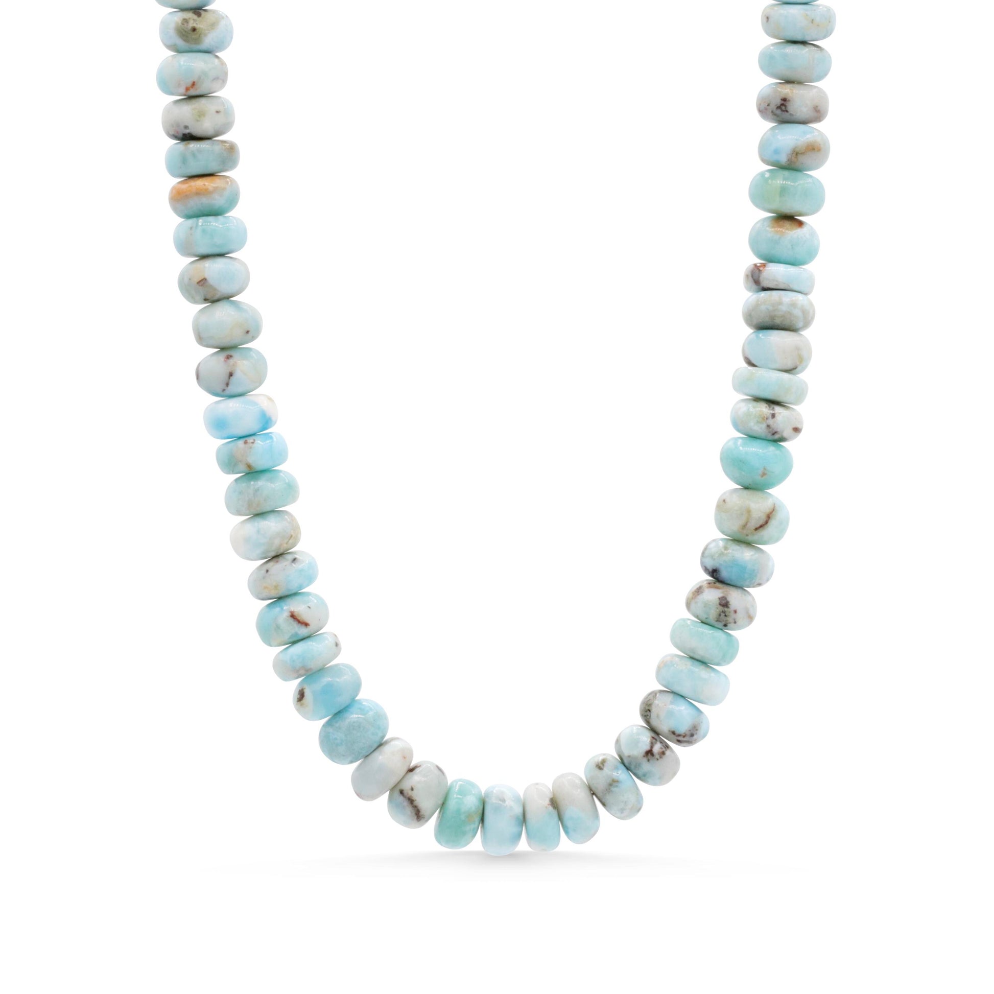 Elegant Candy Larimar necklace by Earthly Abundance featuring a polished blue larimar pendant on a silver chain.