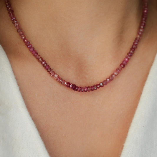 Pink Tourmaline Necklace featuring vibrant pink gemstones on a delicate chain, by Earthly Abundance.