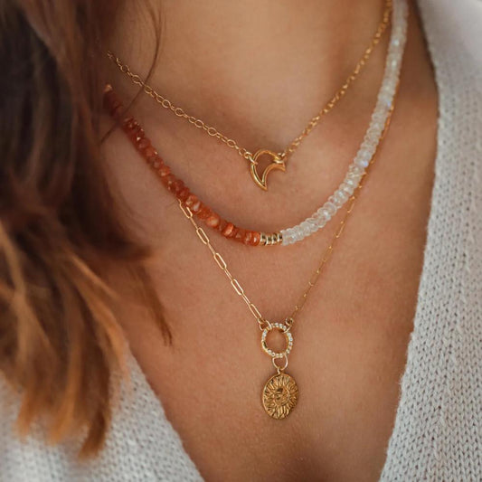 Earthly Abundance cable chain carabiner necklace with metallic chain and functional carabiner clasp, close-up shot showing details