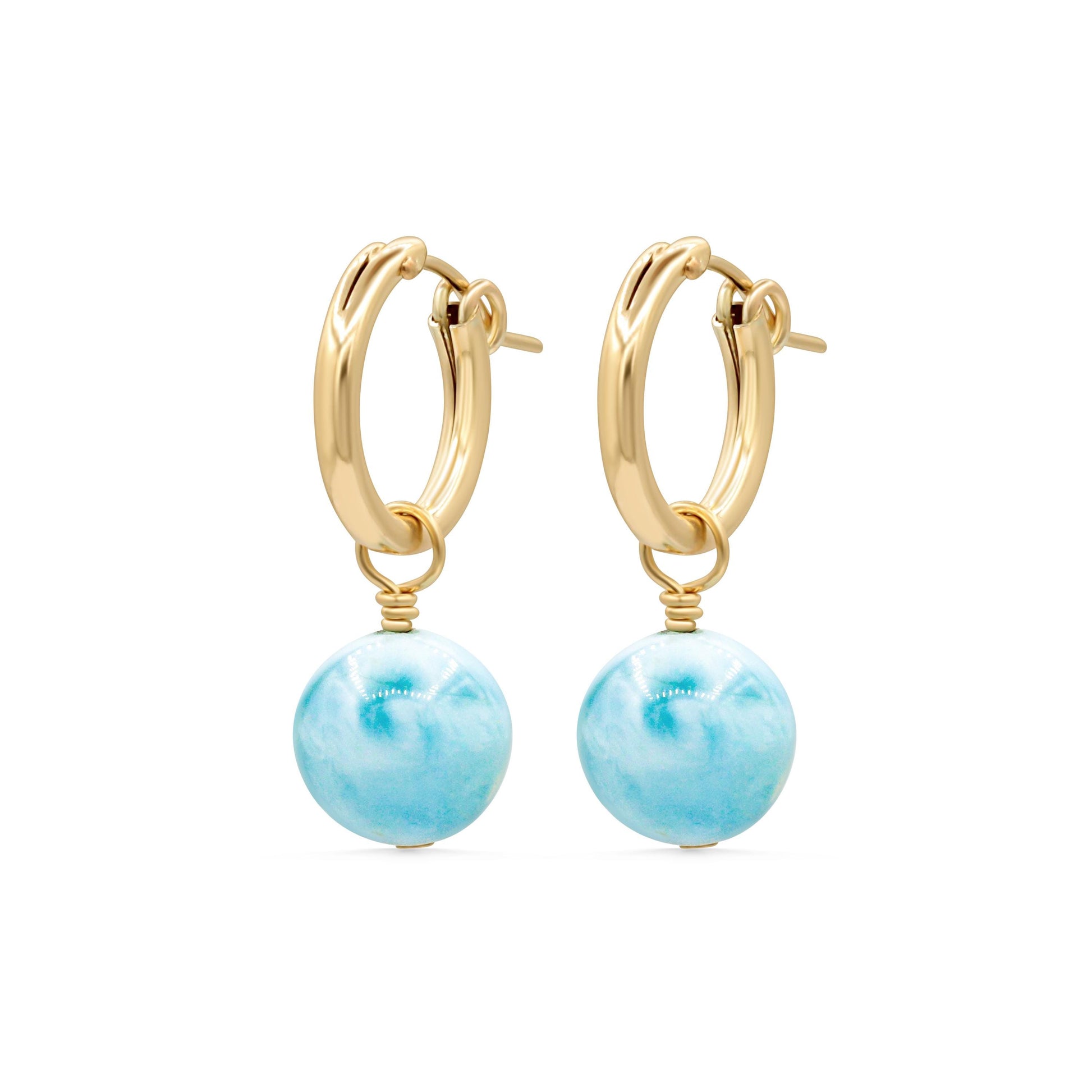 Larimar gemstone hoops earrings in 14K gold-filled settings, featuring round blue larimar stones with gold accents.