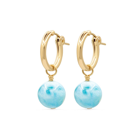 Larimar gemstone hoops earrings in 14K gold-filled settings, featuring round blue larimar stones with gold accents.