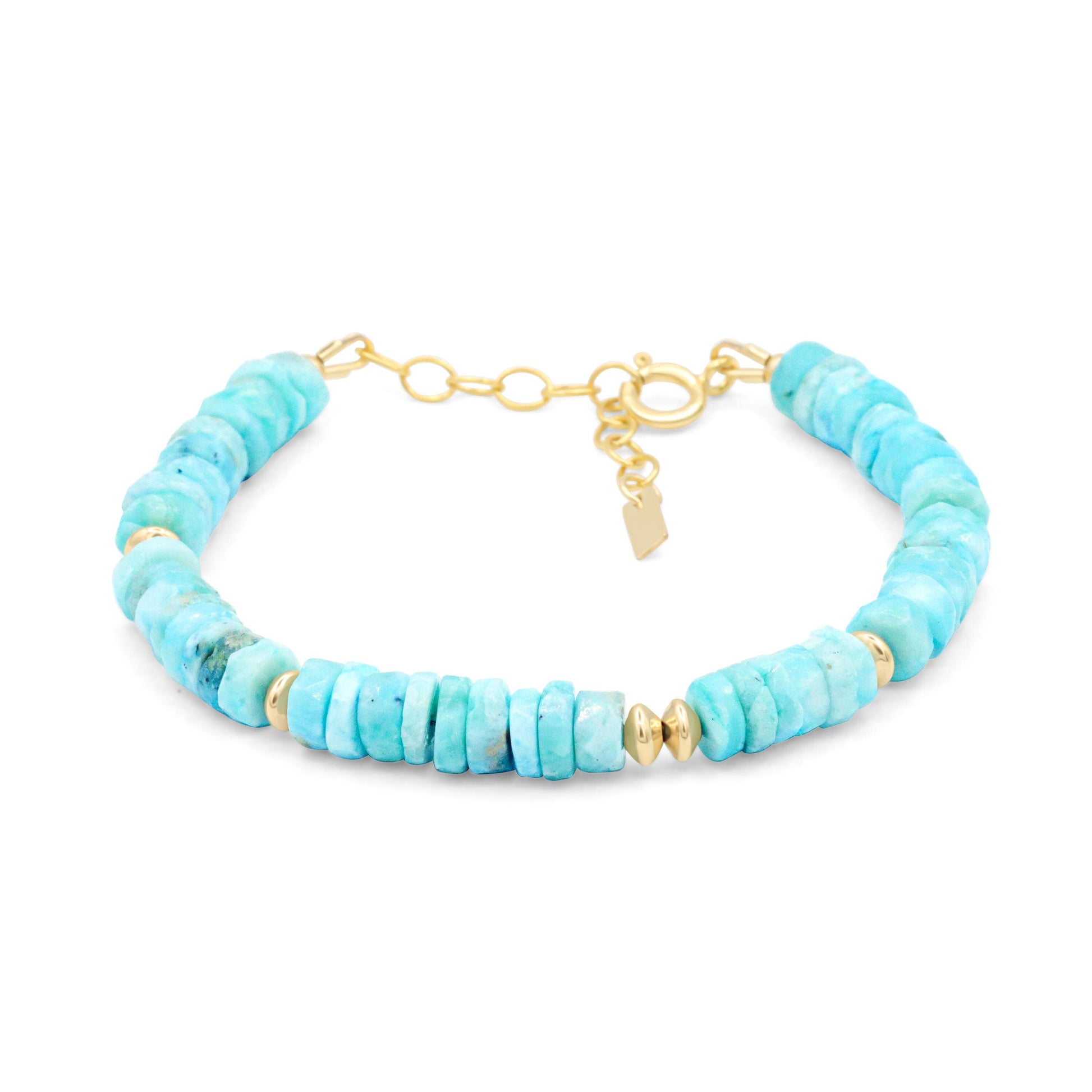 Larimar Heishi bracelet with 14K gold-filled accents, natural blue gemstone beads, and handcrafted design from Earthly Abundance.