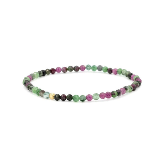 Ruby Zoisite 3mm beads from Earthly Abundance, showcasing vibrant green and red gemstone strands.