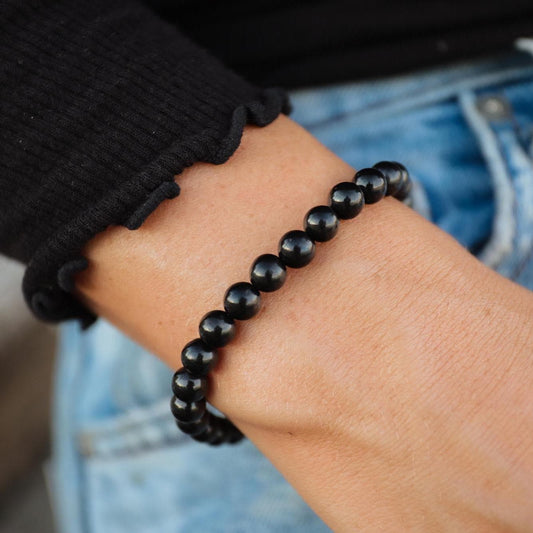 Shungite beads in 4mm, 6mm, or 8mm sizes from Earthly Abundance, showcasing polished black stones with natural luster.