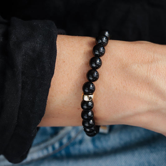 Shungite beads in 4mm, 6mm, or 8mm sizes from Earthly Abundance, showcasing polished black stones with a natural shine.
