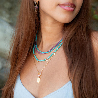 Turquoise and pink sapphire necklace featuring vibrant gemstones set in a delicate chain, by Earthly Abundance.