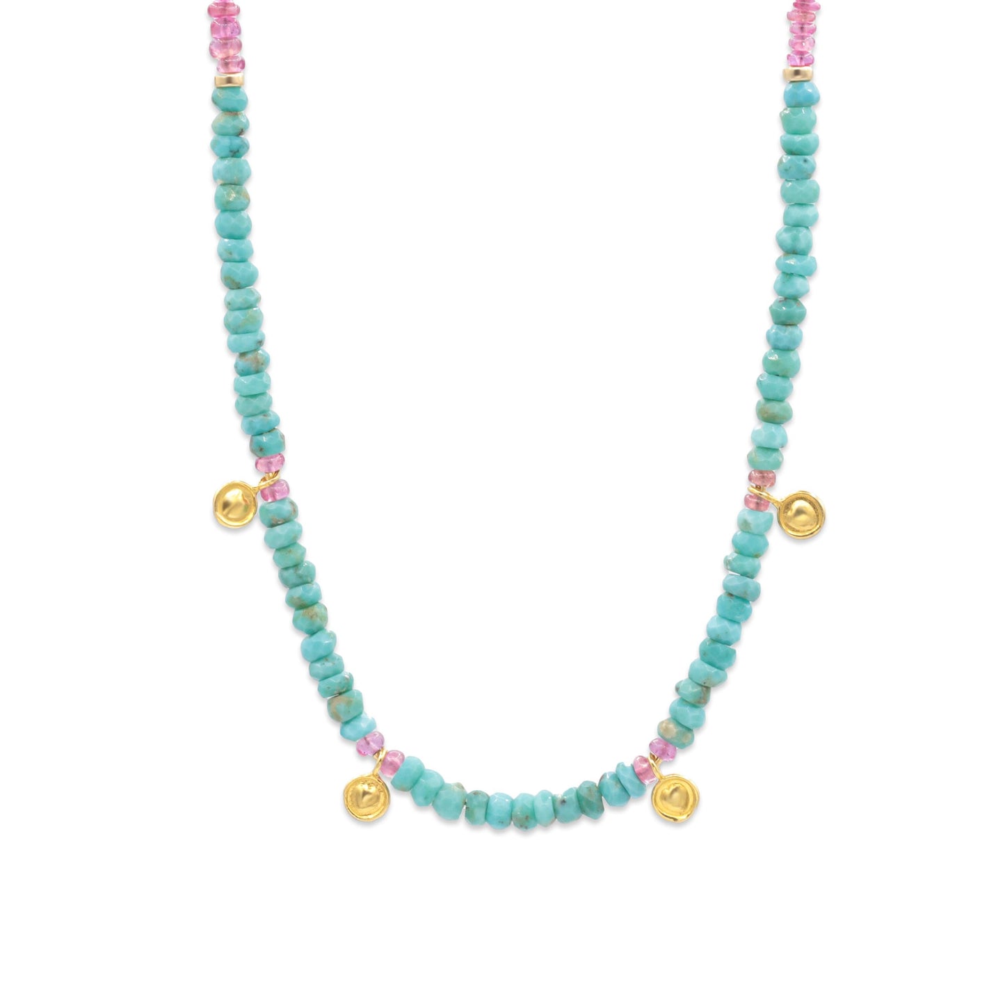 Turquoise and pink sapphire necklace featuring vibrant gemstone beads and a delicate chain from Earthly Abundance.