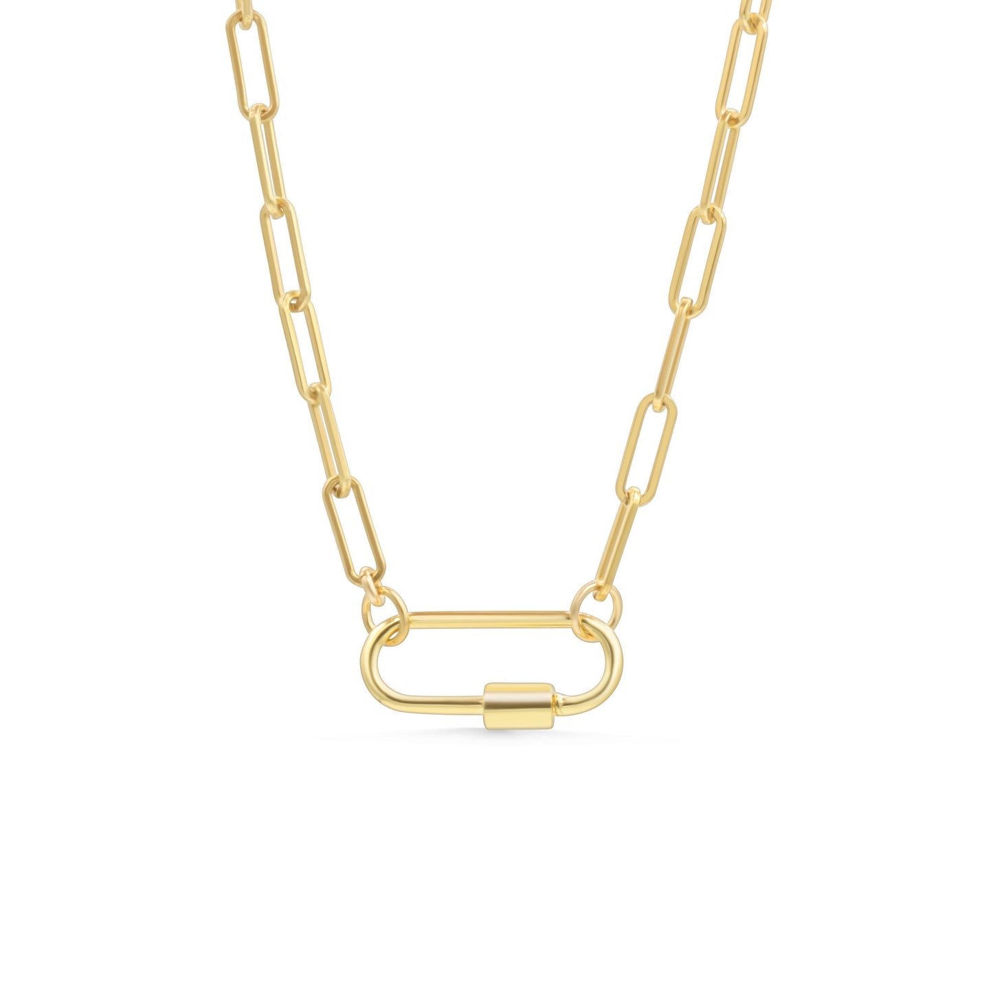 Gold filled paperclip carabiner necklace from Earthly Abundance, featuring a sleek, modern design with a polished finish.