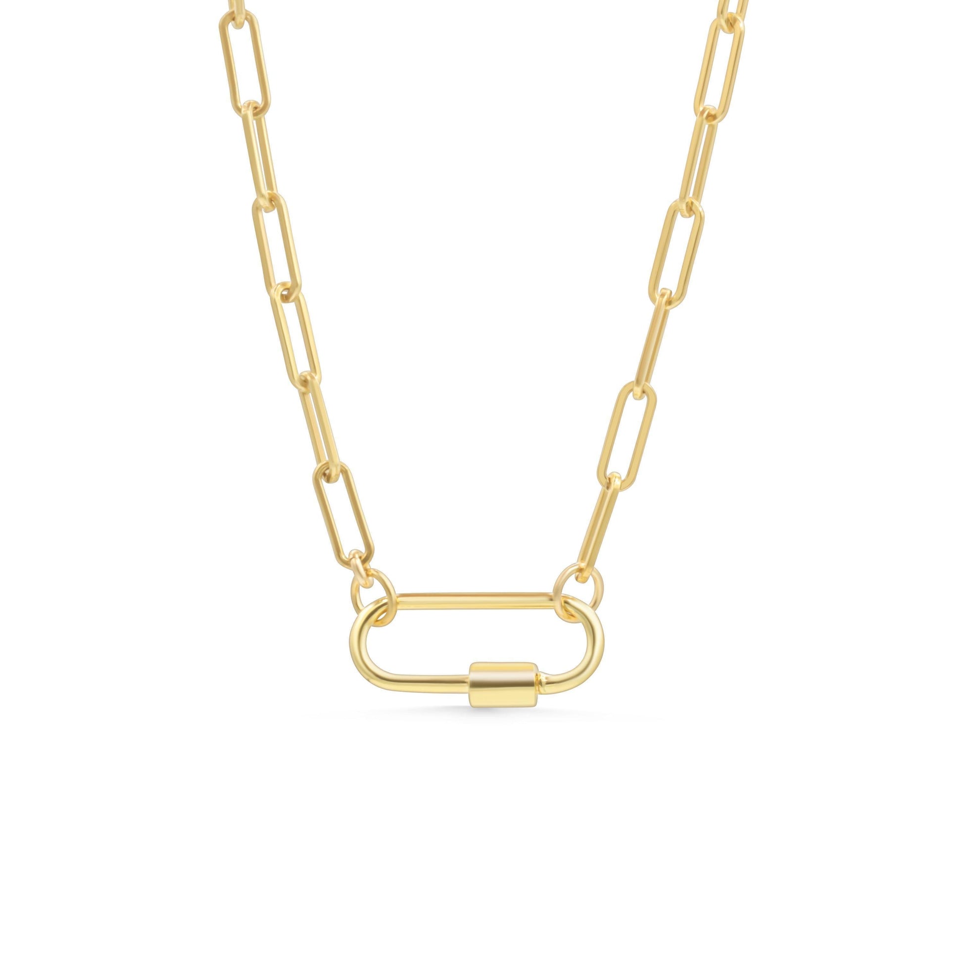 Gold filled paperclip carabiner necklace from Earthly Abundance, featuring a sleek, modern design with a polished finish.
