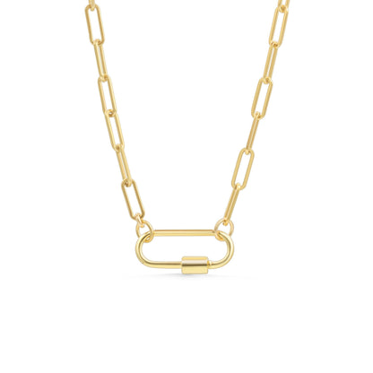 Gold filled paperclip carabiner necklace from Earthly Abundance, featuring a sleek, modern design with a polished finish.