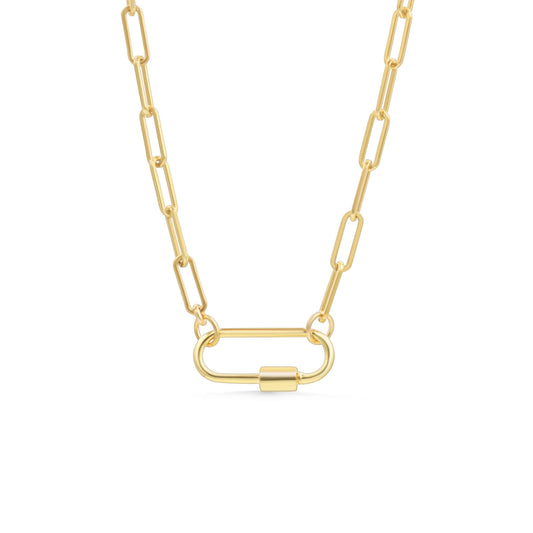 Gold filled paperclip carabiner necklace from Earthly Abundance, featuring a sleek, modern design with a polished finish.