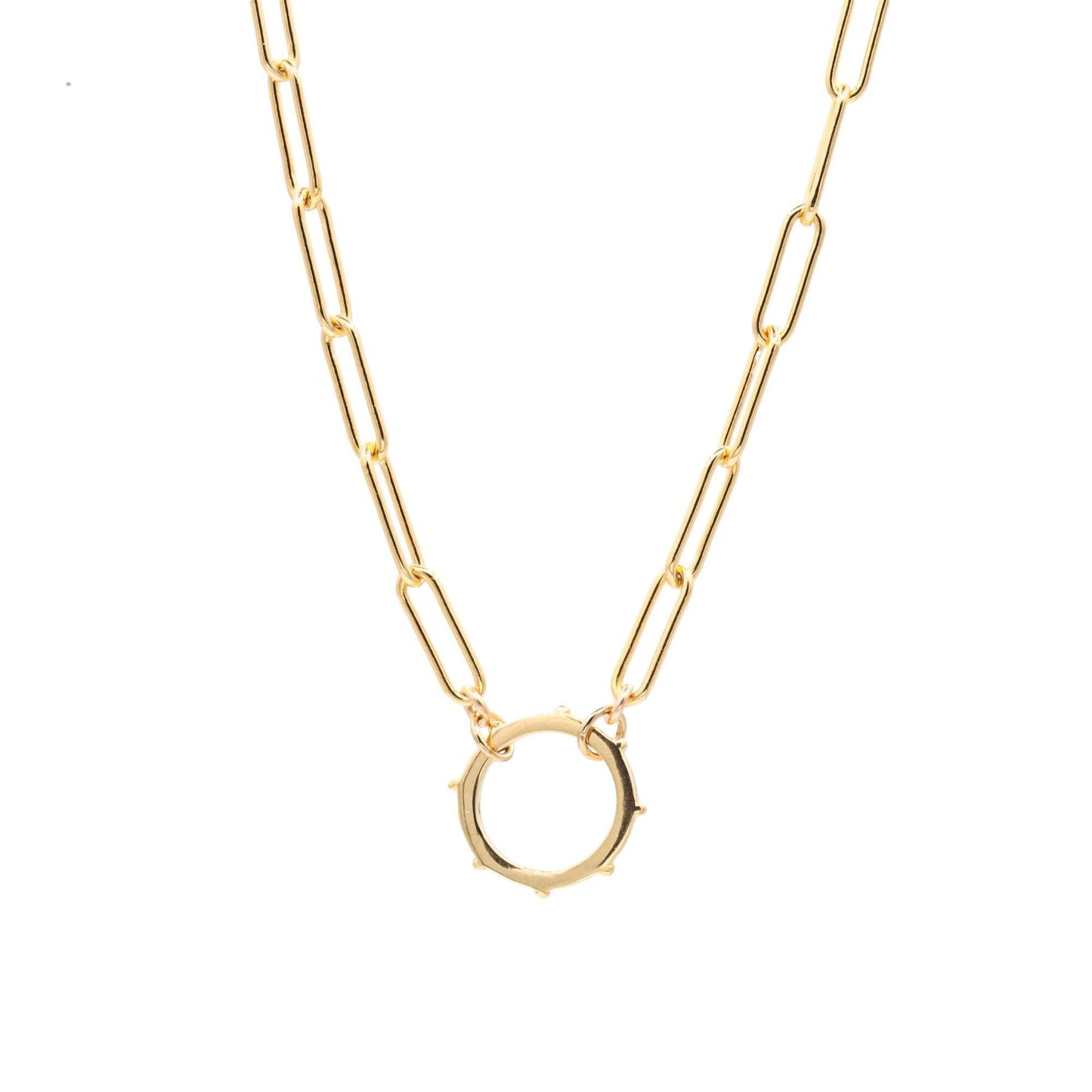 Gold filled paperclip carabiner necklace from Earthly Abundance, featuring a sleek, shiny chain with modern, minimalist style.