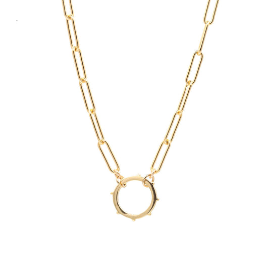 Gold filled paperclip carabiner necklace from Earthly Abundance, featuring a sleek, shiny chain with modern, minimalist style.