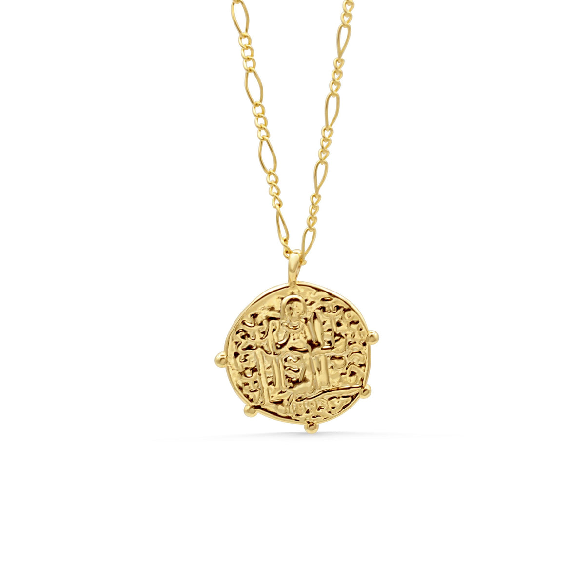 Greek style pendant necklace from Earthly Abundance featuring a detailed gold-toned pendant on a delicate chain.