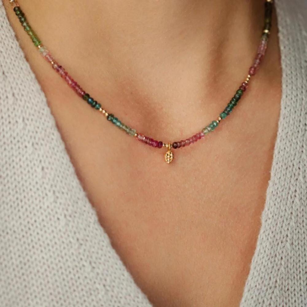 Mixed tourmaline beaded necklace by Earthly Abundance featuring colorful gemstone beads on a delicate string.
