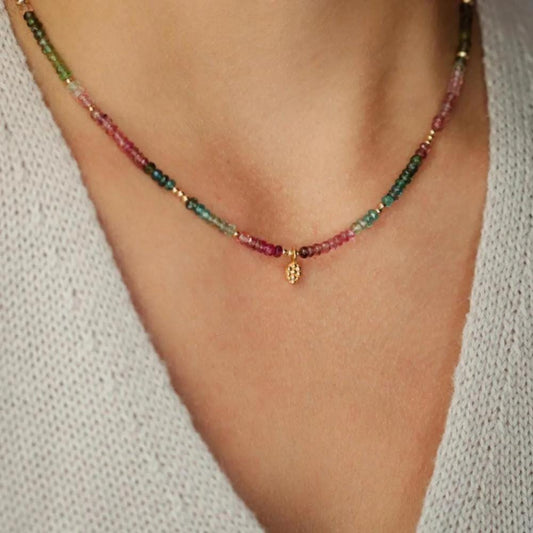 Mixed tourmaline beaded necklace featuring multicolored round beads from Earthly Abundance.