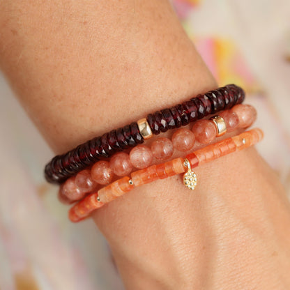 Earthly Abundance garnet heishi bracelet with small round red garnet beads, stylish jewelry for casual or elegant wear
