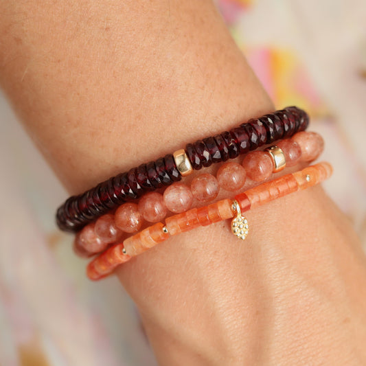 Earthly Abundance garnet heishi bracelet with small round red garnet beads, stylish jewelry for casual or elegant wear
