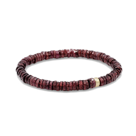Earthly Abundance garnet Heishi bracelet with small red gemstone beads, natural boho style jewelry for women or men.