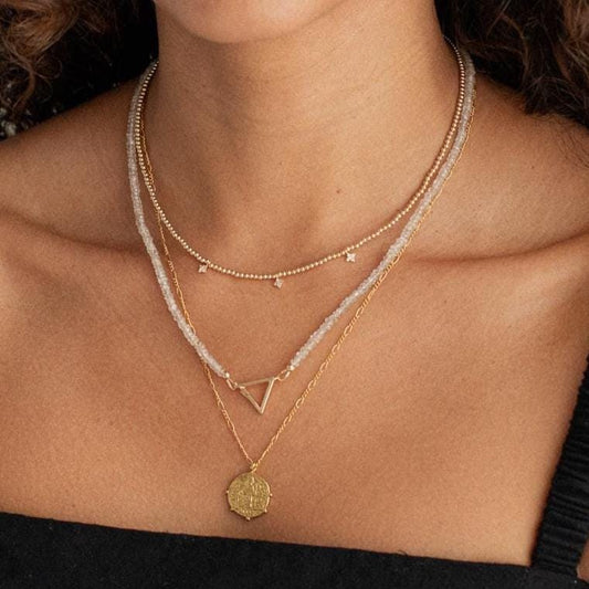 14K zircon triangle necklace by Earthly Abundance featuring a sparkling geometric pendant on a delicate chain.