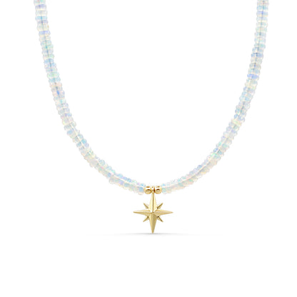 Ethiopian Opal North Star Necklace with 14K gold chain from Earthly Abundance, featuring a shimmering star-shaped opal pendant.