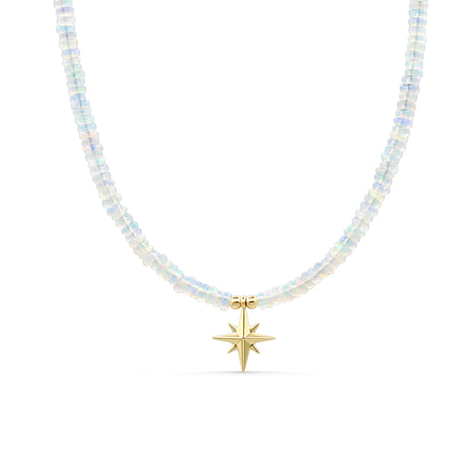 Ethiopian Opal North Star necklace with 14K gold chain, featuring a sparkling opal star pendant on a delicate gold chain.