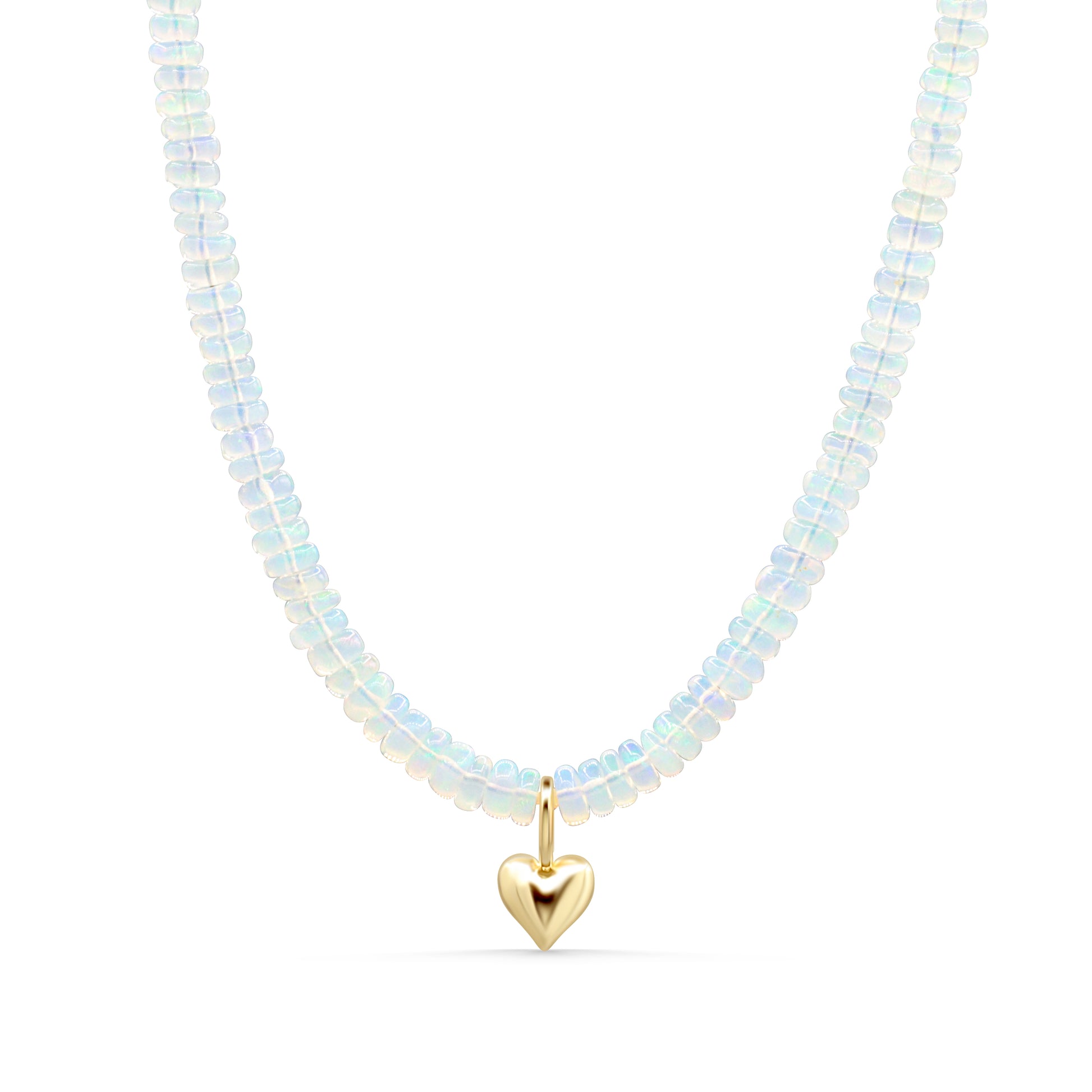 Ethiopian Opal Heart Necklace with 14K gold chain from Earthly Abundance, showcasing a luminous heart-shaped opal pendant.