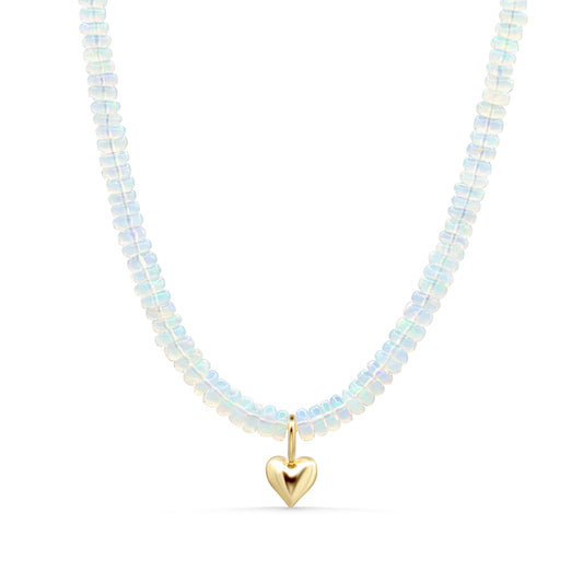 Ethiopian Opal Heart Necklace in 14K gold, featuring a vibrant, polished heart-shaped opal pendant on a delicate chain.