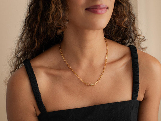 14K gold-filled swivel paperclip chain from Earthly Abundance, featuring shiny interlocking paperclip links on a white background.