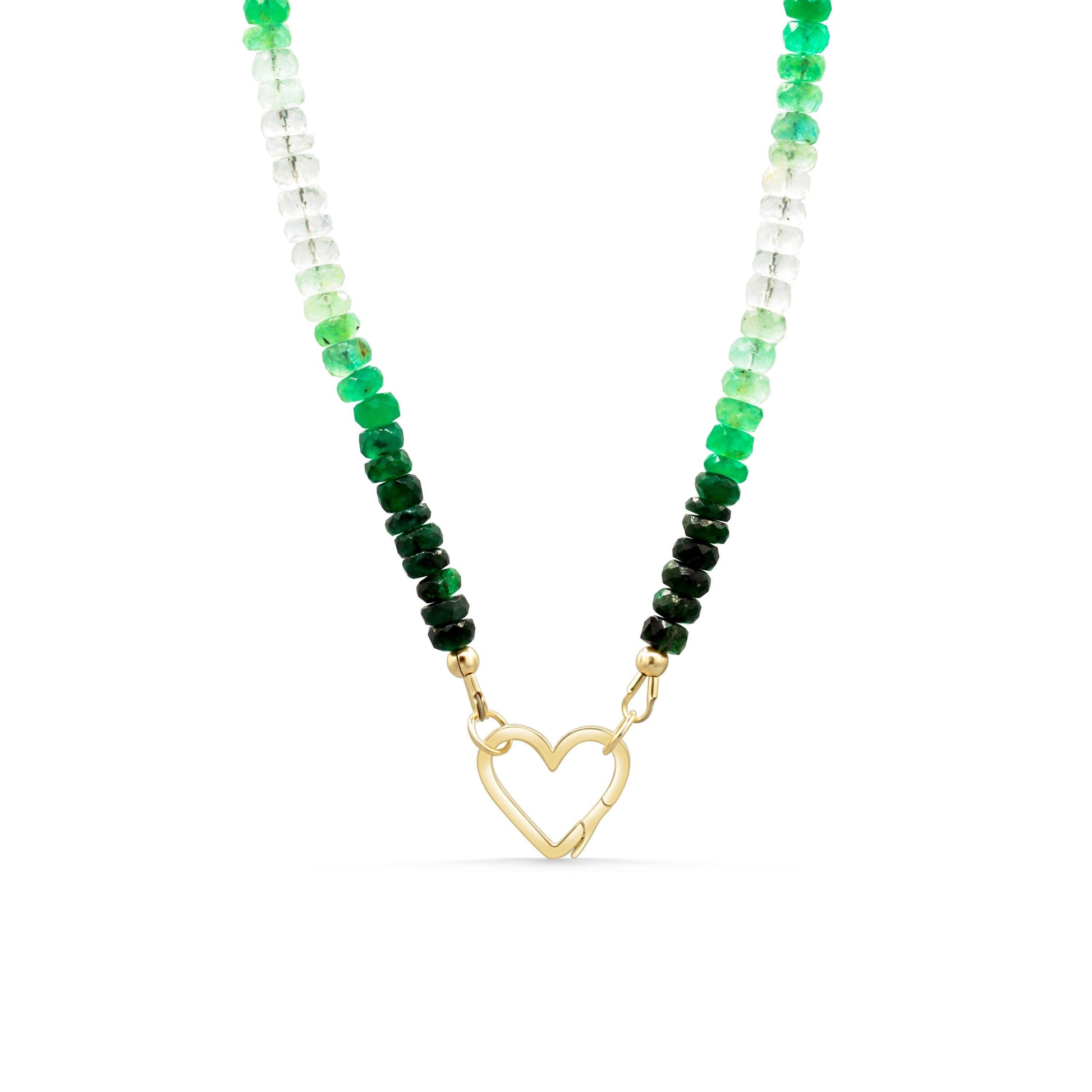 Emerald heart-shaped 14K gold carabiner necklace from Earthly Abundance with a detailed close-up of the jewelry piece.