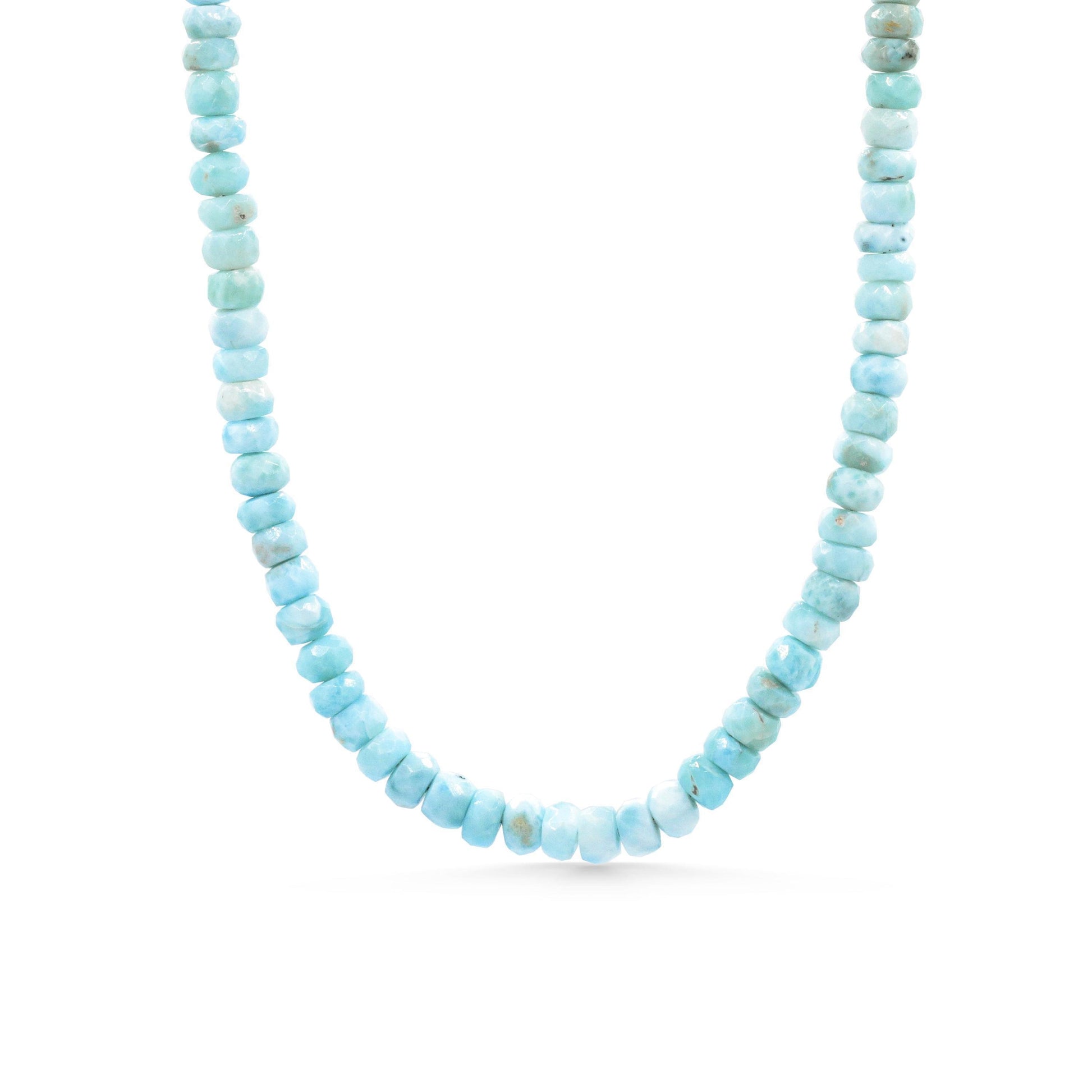 Faceted larimar rondel necklace by Earthly Abundance featuring smooth blue gemstone beads on a delicate chain.
