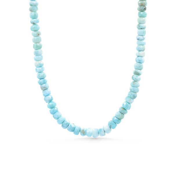 Faceted larimar rondel necklace by Earthly Abundance featuring smooth blue gemstone beads on a delicate chain.