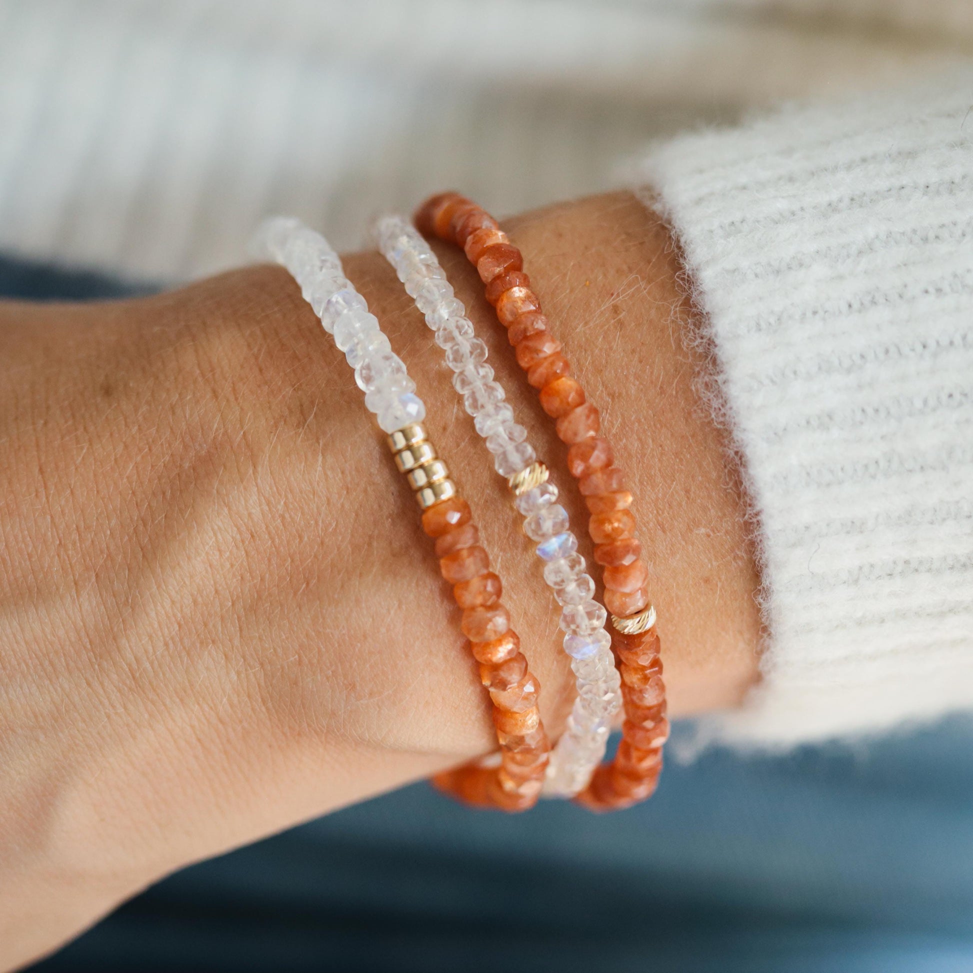 Sunstone bracelet featuring 14K gold setting from Earthly Abundance, with polished sunstone beads and elegant design.