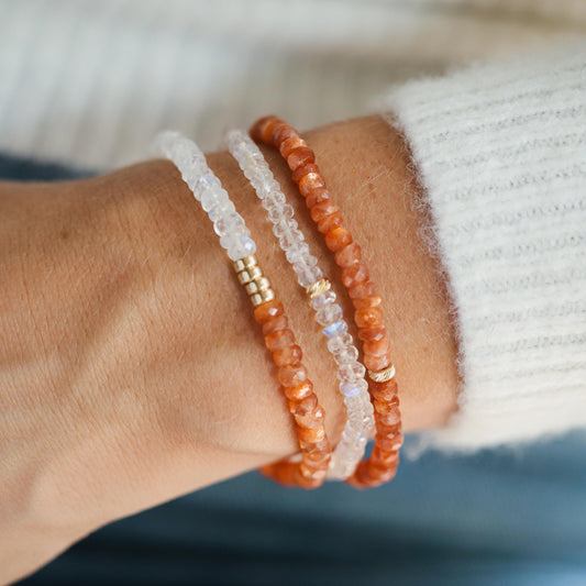 Sunstone bracelet featuring 14K gold setting from Earthly Abundance, with polished sunstone beads and elegant design.