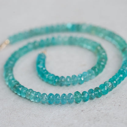Bi-color apatite necklace in 14K gold chain, featuring vibrant blue and green stones, from Earthly Abundance.