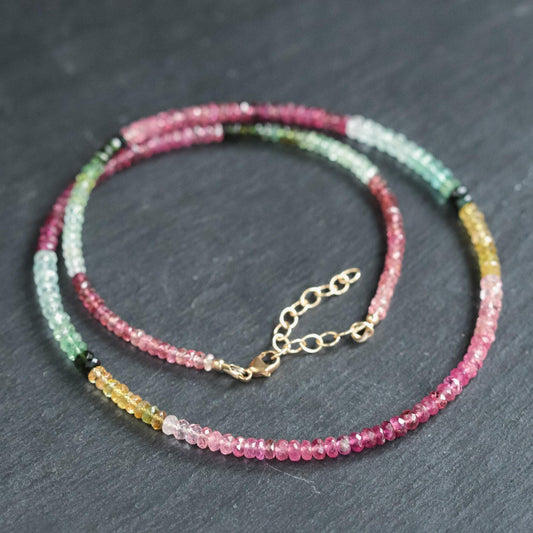 Wild Harmony Mixed Tourmaline Necklace by Earthly Abundance featuring colorful, faceted tourmaline stones on a delicate chain.