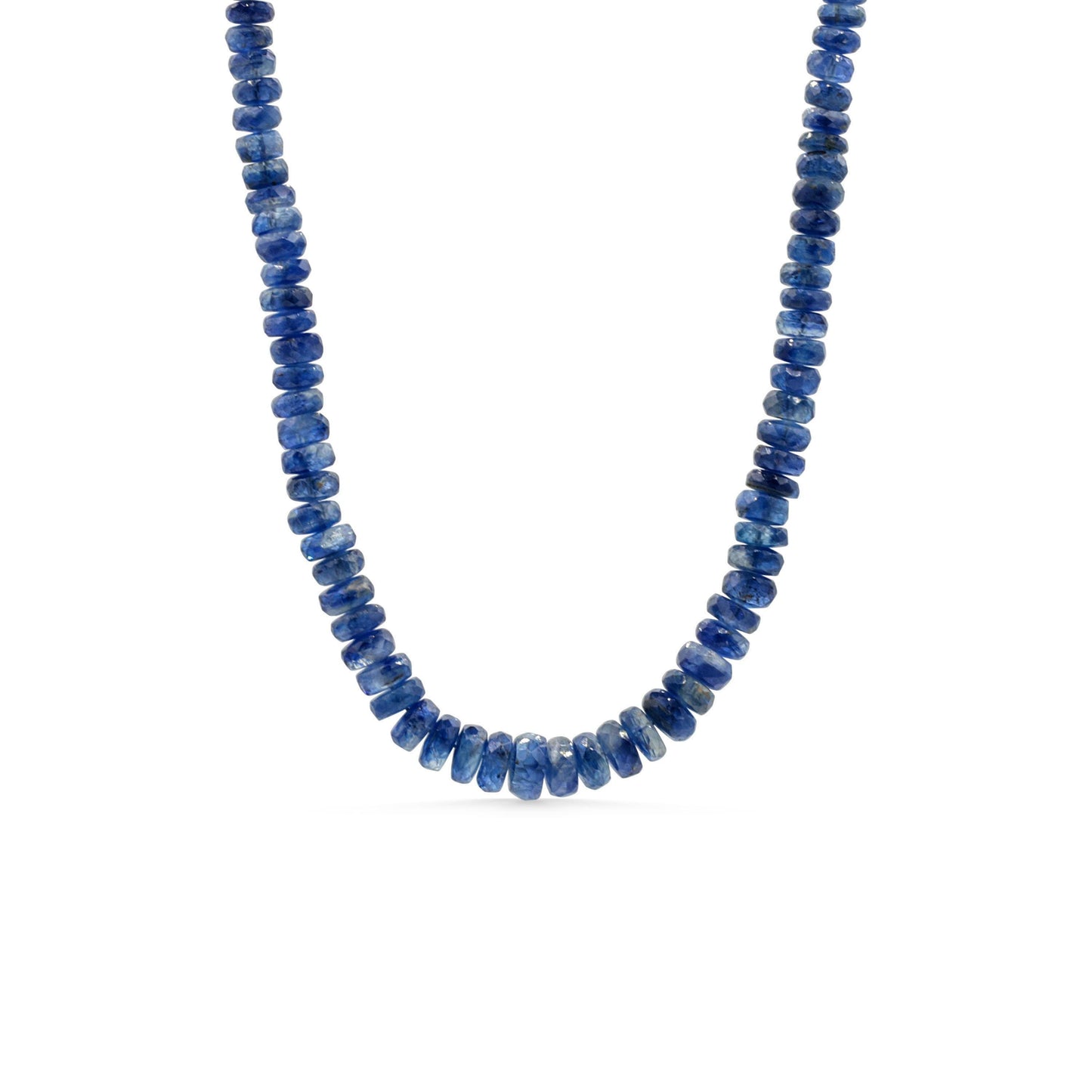Kyanite necklace featuring a polished blue gemstone pendant on a silver chain, displayed against a neutral background.