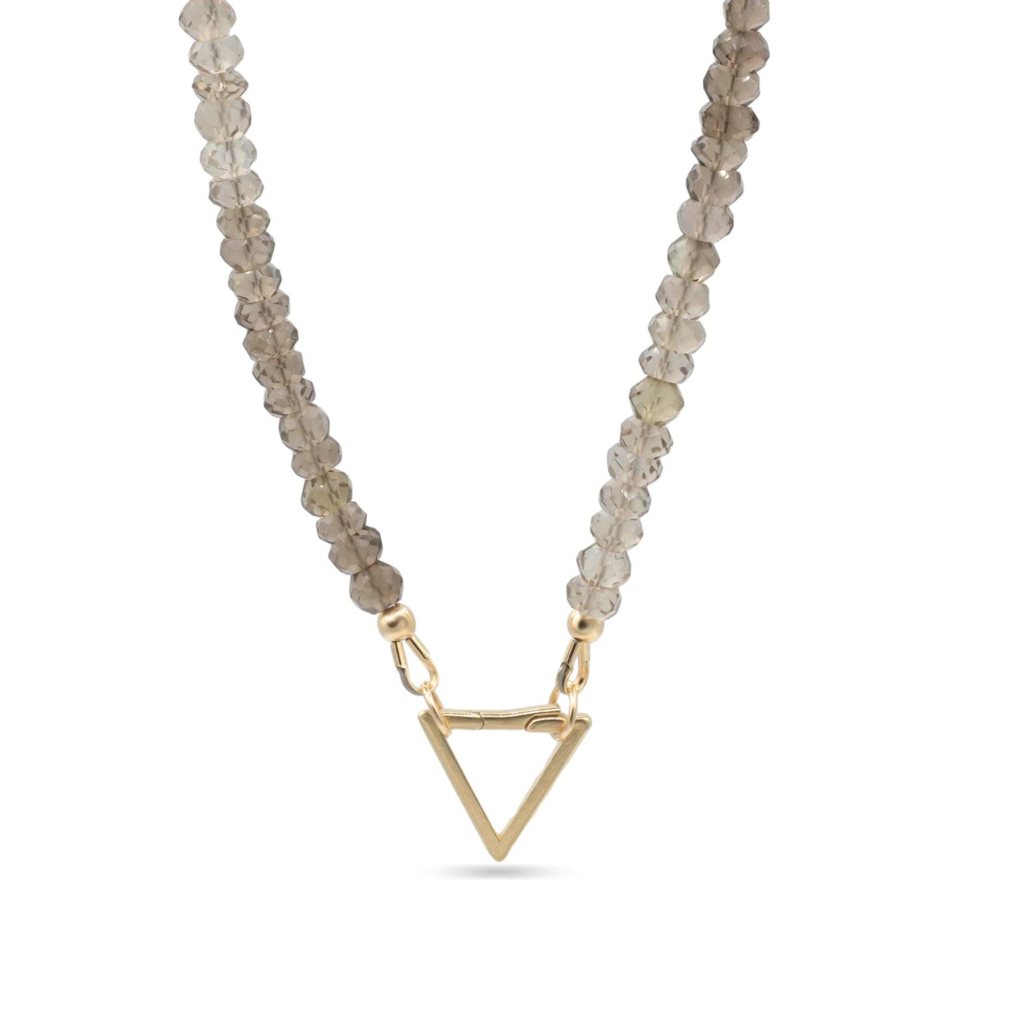 Smoky Quartz triangle pendant necklace on a chain, 14K gold setting, by Earthly Abundance, showcasing elegant jewelry design.