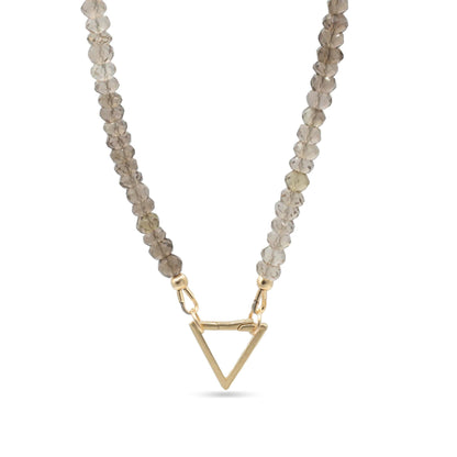 Smoky Quartz triangle pendant necklace on a chain, 14K gold setting, by Earthly Abundance, showcasing elegant jewelry design.