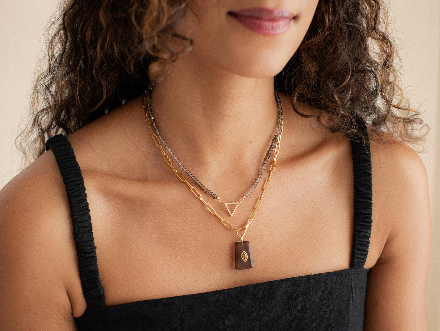 Smoky Quartz triangle pendant necklace on a chain, 14K gold setting, from Earthly Abundance.