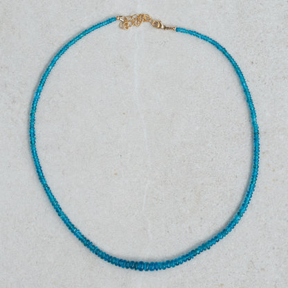 A Gemmy Apatite Necklace featuring a vibrant blue-green apatite pendant on a delicate chain, displayed against a neutral background.