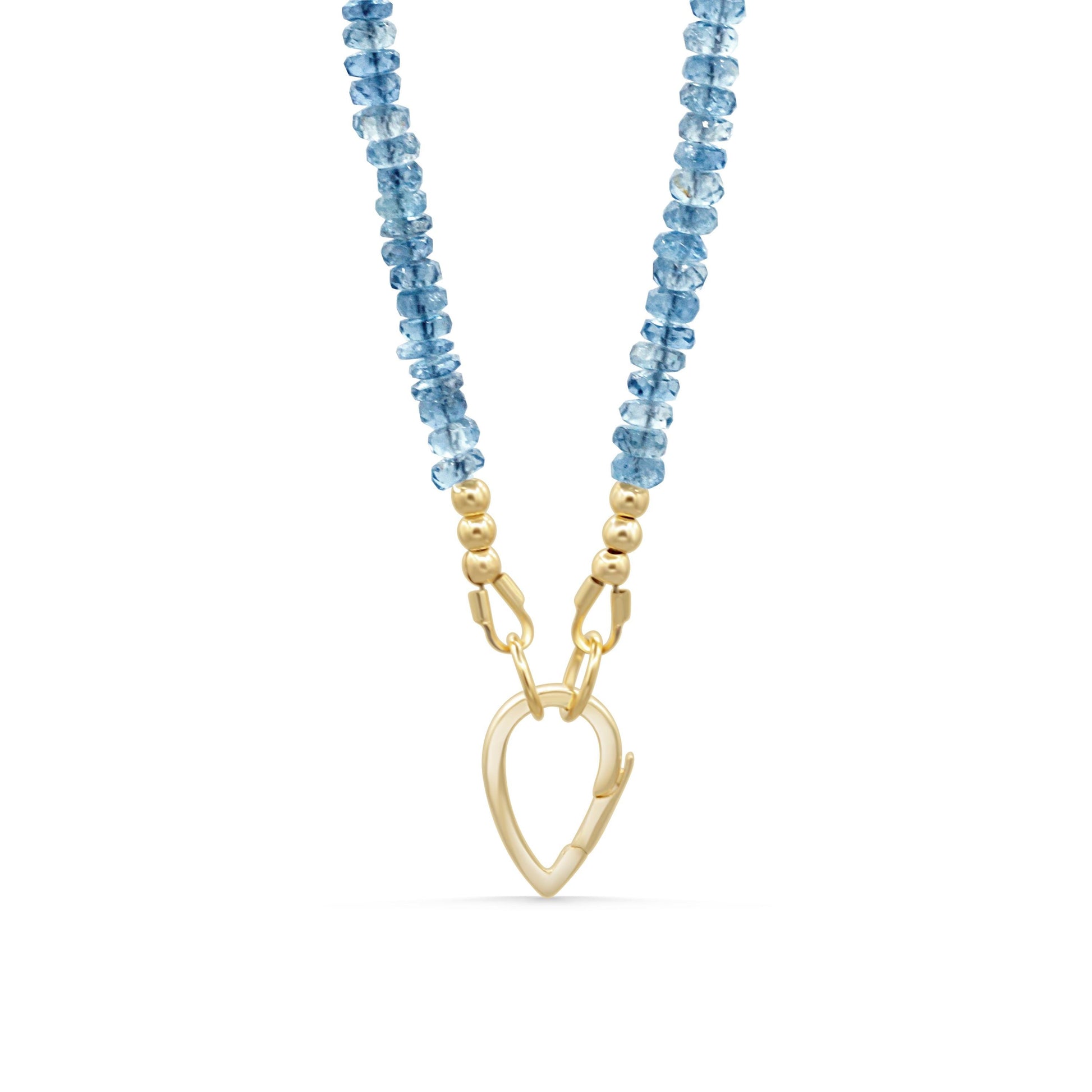 Santa Maria aquamarine drop carabiner from Earthly Abundance, featuring a vibrant aquamarine gemstone and silver-toned metal.