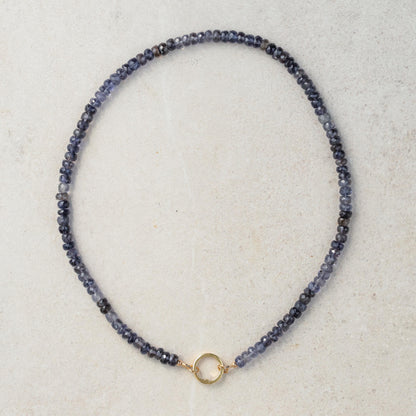 Ombre Iolite Carabiner Necklace with silver chain from Earthly Abundance, featuring a vibrant, multicolored gemstone pendant.