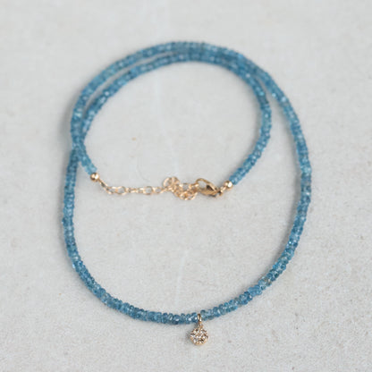 Santa Maria aquamarine diamond necklace featuring a central aquamarine gemstone with diamond accents on a silver chain.