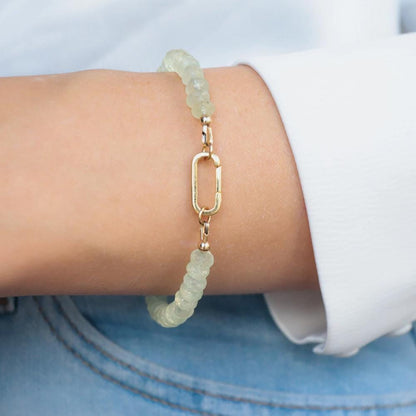 Prehnite beaded bracelet with silver-toned carabiner clasp, featuring smooth green stones, by Earthly Abundance.