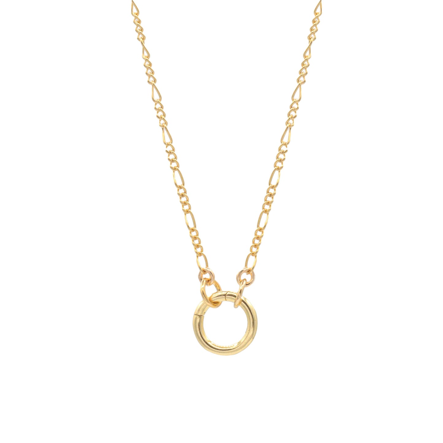14k gold filled Figaro chain necklace from Earthly Abundance showcasing its intricate linked design and shiny finish.